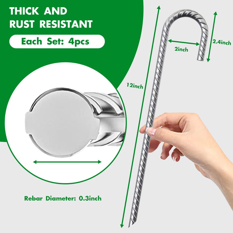 Eurmax USA Trampolines Stakes Heavy Duty Ground Stakes Canopy Parts Wind Stake with Rope 12 Inch Heavy Duty Stake Safety Ground Anchor Galvanized Steel J Shaped, Pack of 4(Silver) - Image 2